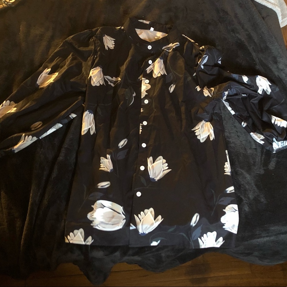 Chicme - Brand new -black floral silky button down mock neck. Sells for $27 now.